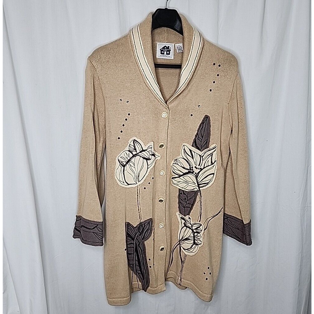 Storybook Knits M Cardigan Sweater‎ Long Duster Beige Brown Floral Applique